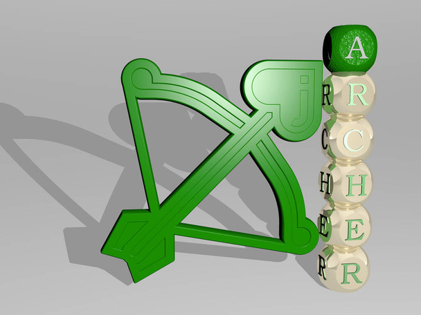 個々の文字の垂直テキストの横にあるARCHER 3Dアイコン。3Dイラスト。矢と弓 - 写真・画像