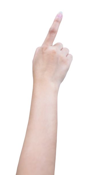 Eristetty naisen käsi koskettaa tai osoittaa jotain leikkausreitillä
 - Valokuva, kuva