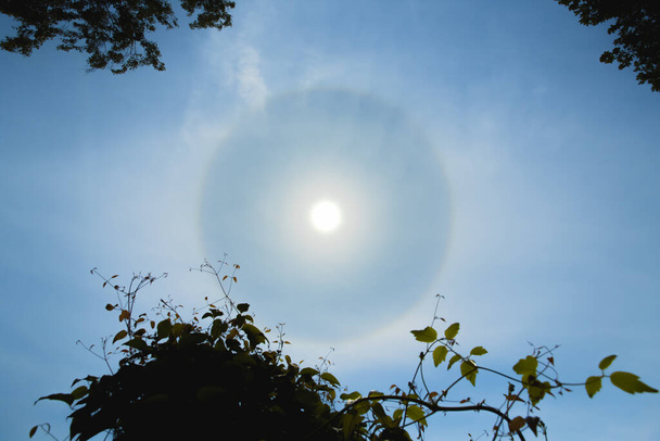 Ατμοσφαιρικός οπτικός κύκλος γύρω από τον ήλιο την ζεστή καλοκαιρινή μέρα. Ατμοσφαιρικό φαινόμενο φωτοστέφανο γύρω από τον ήλιο - Φωτογραφία, εικόνα