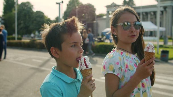 可愛い妹と弟がアイスクリームを食べています。遊園地を歩いている笑顔の子供たち - 写真・画像