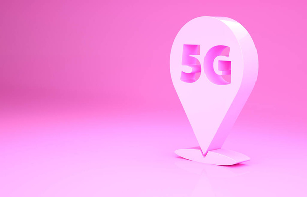Pink Location 5G új vezeték nélküli internet wifi kapcsolat ikon elszigetelt rózsaszín háttér. Globális hálózat nagy sebességű kapcsolat adatátviteli technológia. Minimalizmus koncepció. 3d illusztráció 3D render. - Fotó, kép