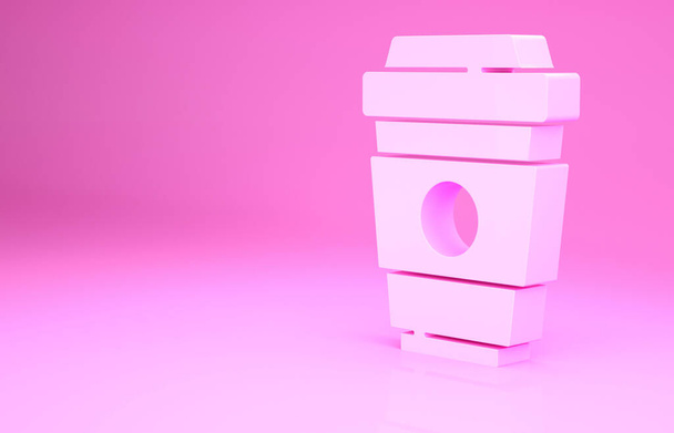 Pink Coffee cup to go pictogram geïsoleerd op roze achtergrond. Minimalisme concept. 3d illustratie 3D renderen. - Foto, afbeelding