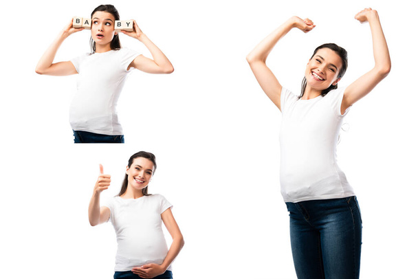 collage of pregnant woman touching belly, showing thumb up and holding wooden cubes with baby lettering isolated on white  - Foto, afbeelding