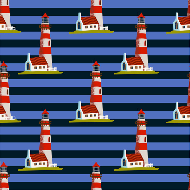 黒の水平線の縞模様の青い背景に海の灯台。赤の詳細と灯台の光の建物。フラットデザイン、または繊維のためのシンプルなパターン. - ベクター画像