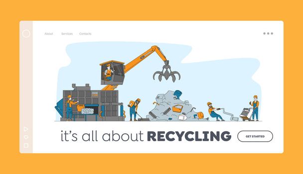 Scrapmetal Recycle Industry Landing Page Sablon. Karakterek hozza és újrahasznosítása régi fém dolgok és törött technika - Vektor, kép