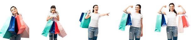 colagem de mulher morena segurando sacos de compras coloridos isolados em branco  - Foto, Imagem
