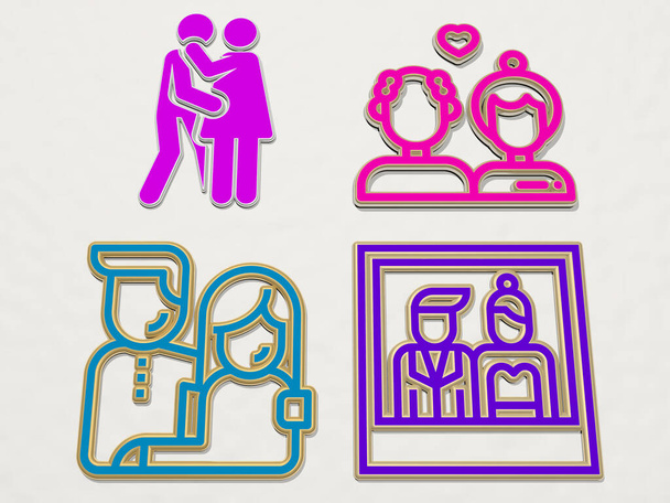 couple 4 icons set. 3D illustration. happy and beautiful - Photo, Image