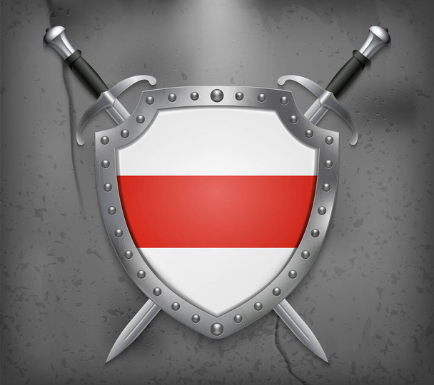 Λευκορωσία. Ιστορική λευκή-κόκκινη-άσπρη σημαία. Ασπίδα με εθνική σημαία. Δύο σταυρωμένα σπαθιά. Διάνυσμα μεσαιωνικό φόντο - Διάνυσμα, εικόνα