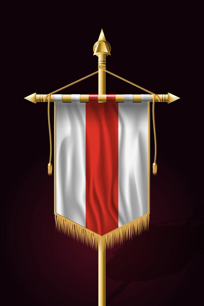 Λευκορωσία. Ιστορική λευκή-κόκκινη-άσπρη σημαία. Εορταστική κάθετη Banner. Κρεμάστρες τοίχων με χρυσά φτερά Tassel - Διάνυσμα, εικόνα
