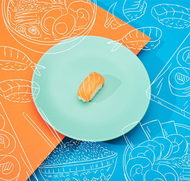 świeże nigiri z łososiem w pobliżu ilustracji na powierzchni niebieski i pomarańczowy - Zdjęcie, obraz