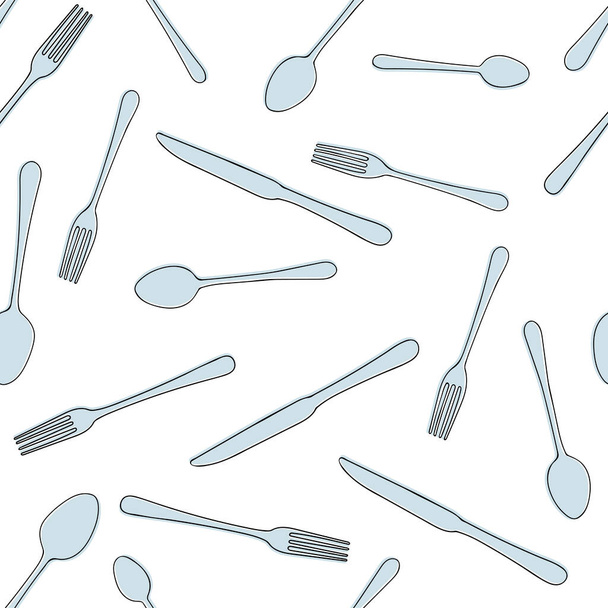 naadloos patroon van Cutlery mes, vork, lepel vector doodle lijn kunst stijl op witte achtergrond. Ontwerp voor menu restaurant en cafe. Keukengerei. - Vector, afbeelding