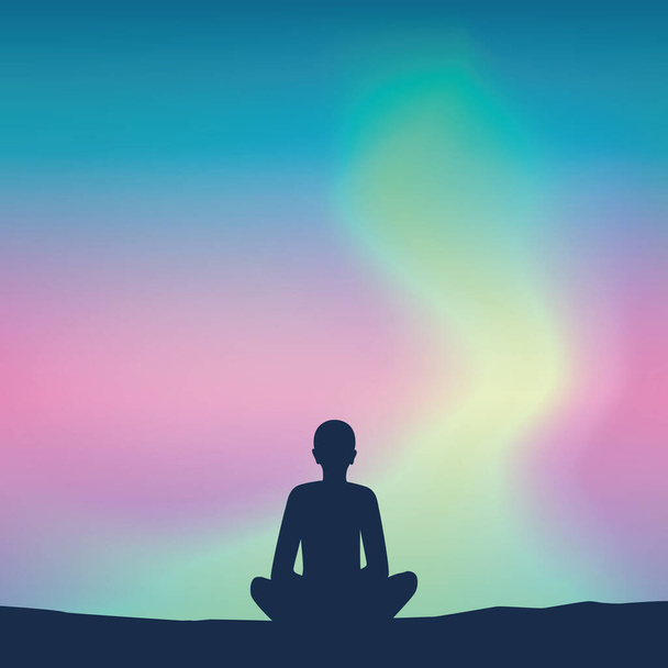 peaceful mediating person on aurora borealis sky background - Vector, Image