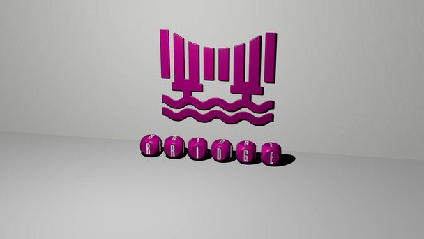 most ikona 3D na ścianie i tekst alfabetów sześciennych na podłodze. Ilustracja 3D. miasto i architektura - Zdjęcie, obraz