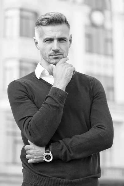 Predict developments. Lost in thoughts. Cognitive process. Intellectual work. Attractive mature man. Mature man grey hair and bristle outdoors. Man stylish hairstyle. Male face. Businessman concept - Foto, imagen