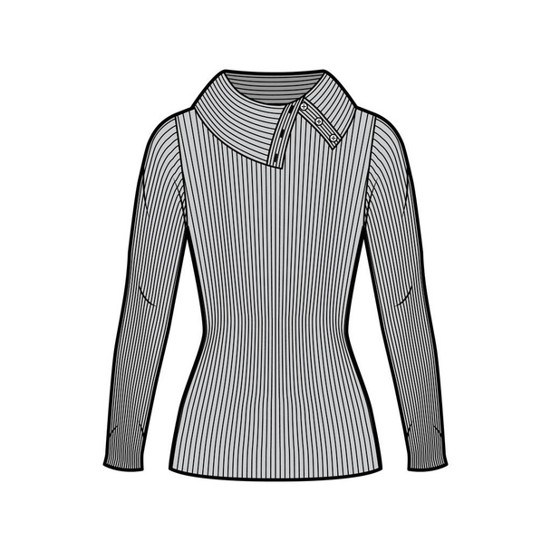 Suéter de punto acanalado cuello alto con botones anchos ilustración técnica de moda con mangas largas, longitud de túnica.  - Vector, Imagen