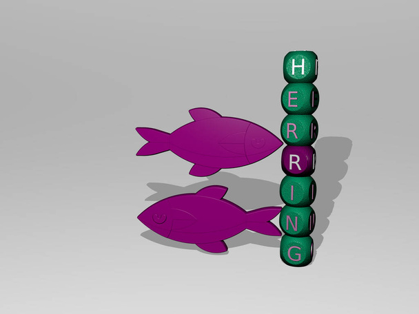 hering szöveg mellett a 3D ikon. 3D illusztráció. hal és háttér - Fotó, kép