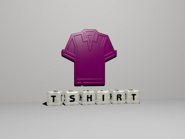 T-Shirt 3D-Symbol an der Wand und kubische Buchstaben auf dem Boden. 3D-Illustration. Design und Hintergrund - Foto, Bild