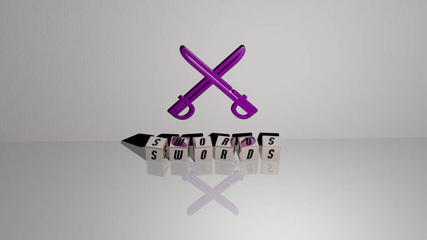 SWORDS text of cubic dice letters on the floor and 3D icon on the wall. 3D illustration. background and ancient - Photo, Image