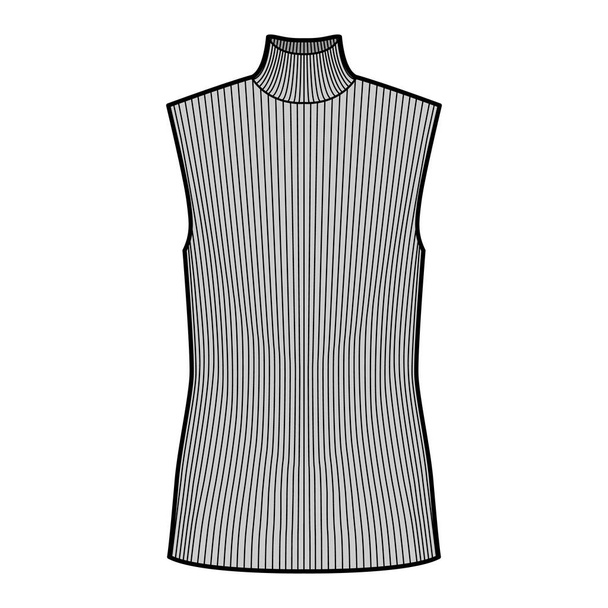 Camisola de costela de gola alta ilustração de moda técnica com corpo de comprimento túnica de grandes dimensões, jumper sem mangas
.  - Vetor, Imagem