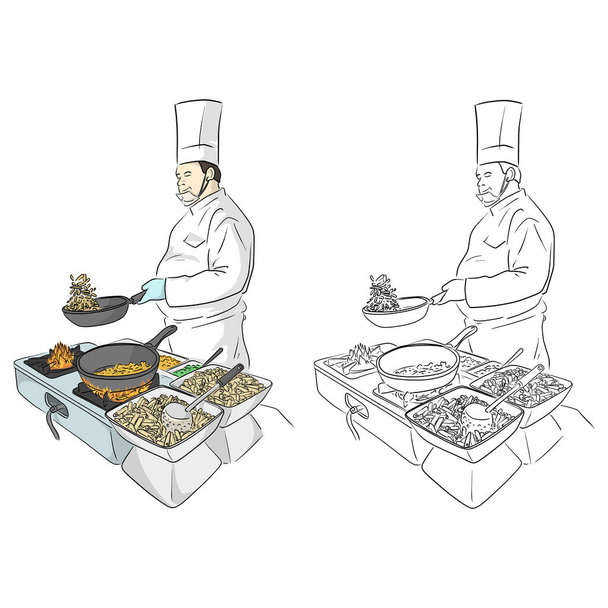 Cocinero masculino preparando deliciosas papas fritas en un restaurante ilustración vectorial boceto garabato dibujado a mano con líneas negras aisladas sobre fondo blanco - Vector, imagen