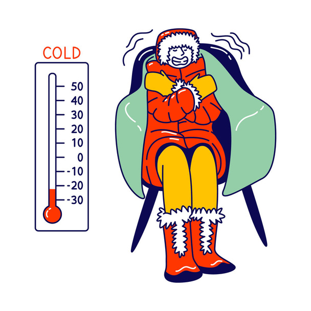 暖かい冬の服、帽子、ブーツに包まれた凍結文字温度計でアームチェアに座る低温を表示 - ベクター画像