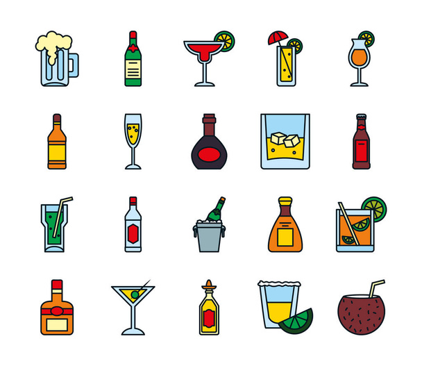 liquor bottles and cocktails icon set, line and fill style - Vector, Image