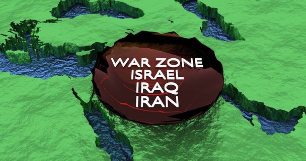 Mapa en 3D de Oriente Medio con una pegatina roja en verde y azul - Foto, Imagen