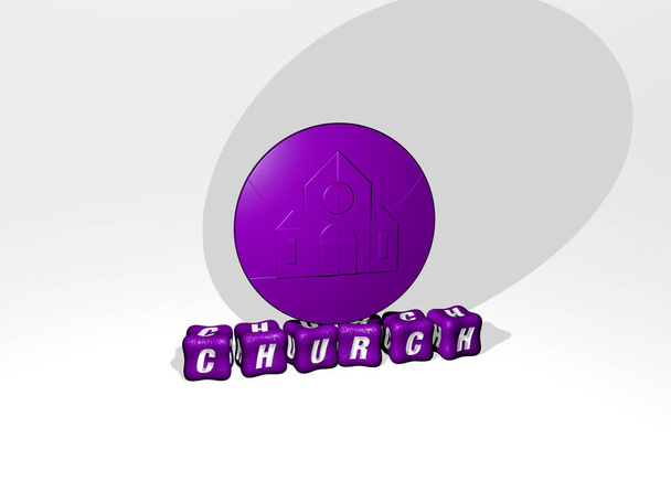 ikona 3D kościoła na tekst sześcienny. Ilustracja 3D. architektura i budynek - Zdjęcie, obraz