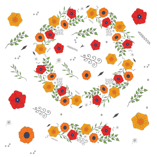 紙、織物、包装、手描きのデザインのための緑、赤、オレンジの色で白の背景に隔離されたベクトルの花のパターン、葉や花の花輪とその要素 - ベクター画像