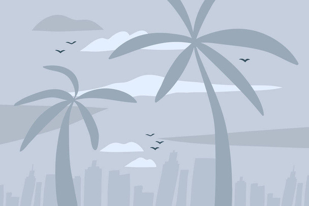 Рука намальована векторна абстрактна стокова плоска графічна ілюстрація з міським міським видом сцени на пляжі та пальми ізольовані на синьо-сірому пастельному фоні
 - Вектор, зображення