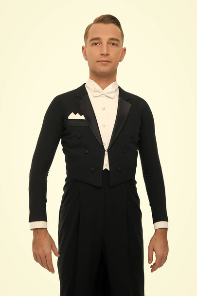 Gentlemens club. Man dancer ballroom dance look elegant. Dancer of ballroom dance. Gentleman well groomed dancer white background. Confidence concept. Guy confident face dressed in formal luxury suit - Foto, immagini