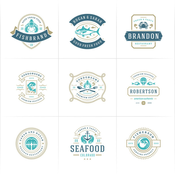 Seafood logos or signs set vector illustration fish market and restaurant emblems templates design - Вектор,изображение