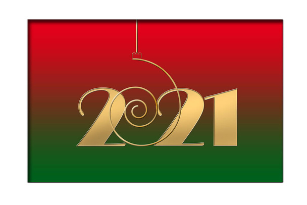 Happy 2021 new year card. Hanging gold number 2021 on red green background. Seasonal holidays flyers, greetings and invitations cards, christmas banners. New Year selebration. 3D illustration. - Photo, Image