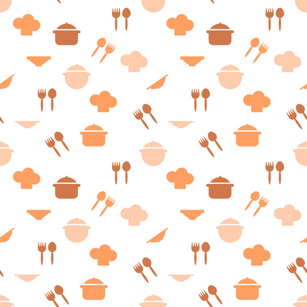Seamless pattern of kitchen utensils symbols, pot, plate, fork, spoon. Hand drawn background on white for with Cutlery for kitchen fabric, textile design, Wallpaper and other surfaces. Flat style . - Vettoriali, immagini