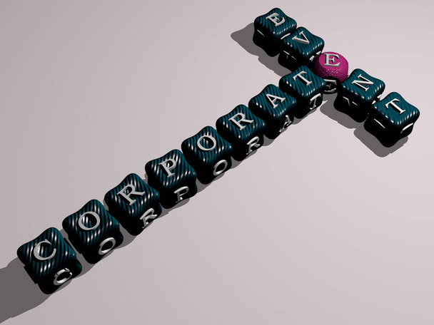 CORPORATIE GEBEUREN kruiswoordraadsel van kleurrijke kubieke letters. 3D illustratie. bedrijfsleven en concept - Foto, afbeelding
