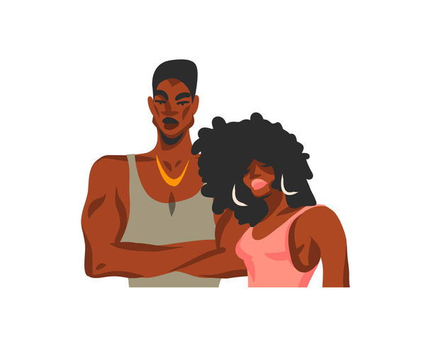 Ručně kreslené vektor abstraktní stock ploché grafické ilustrace s mladými šťastnými africké americké krásy studentů pár izolované na bílém pozadí - Vektor, obrázek