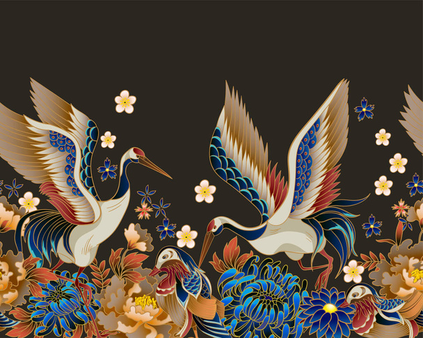 Border with mandarin ducks, flowers and cranes. Vector. - Vector, Image