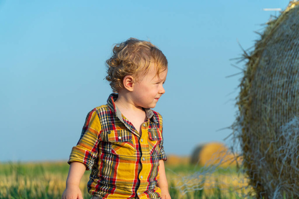 Little fair-haired boy playing on a wheat field with bales - Foto, afbeelding