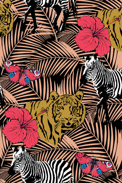 Seamless pattern of zebra and tiger. Suitable for fabric, mural, wrapping paper and the like. Vector illustration - Vector, Image