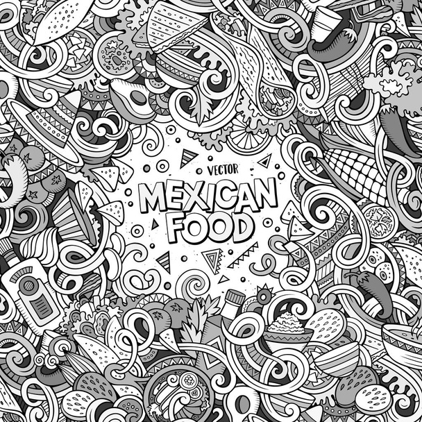 Cartone animato carino scarabocchi disegnato a mano messicano cibo telaio di design. Linea d'arte dettagliata, con un sacco di oggetti di sfondo. Divertente illustrazione vettoriale. Bordo schizzinoso con oggetti a tema culinario latino americano - Vettoriali, immagini