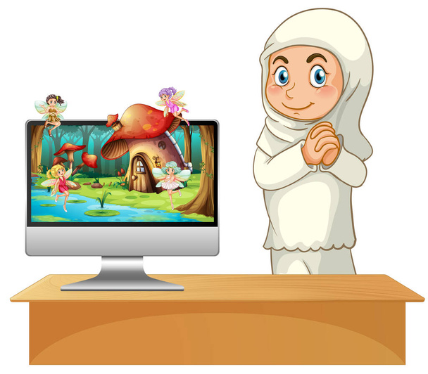 Muslim girl next to computer illustration - Vector, Image