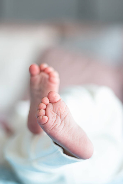 Baby feet. Newborn feet. a small child lies on a blue blanket, only the feet are visible - Foto, imagen