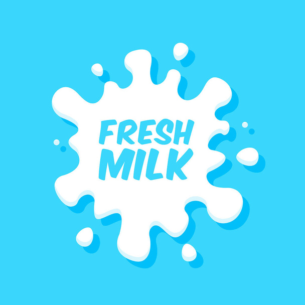 Έμβλημα γάλακτος και ετικέτα γάλακτος με πιτσιλιές και κηλίδες. Λεκέδες από διανυσματικό γάλα και σταγόνες κρέμας. Farm φρέσκο γάλα, 100% οργανικό ποτό τροφίμων. - Διάνυσμα, εικόνα