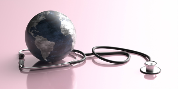 Día Mundial de la Salud, concepto de atención sanitaria global. Tierra planeta globo y estetoscopio médico sobre fondo de color rosa. ilustración 3d - Foto, imagen