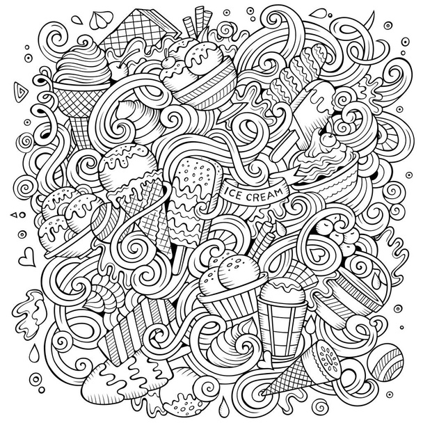 Karikatura ručně kreslených čmáranic Ice Cream ilustrace. Line art detailní, se spoustou objektů vektorové design pozadí - Vektor, obrázek