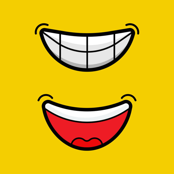 boldog kifejezések mosoly és nevetés, mosoly és nevetés minden nap, arc emoji érzelmek szimbólumok ajkak nevetés képek ajkak nyelv és fogak vektor tervezés egyszerű - Vektor, kép