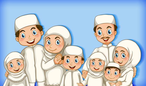 Membro da família muçulmana em desenho animado cor gradiente fundo ilustração - Vetor, Imagem