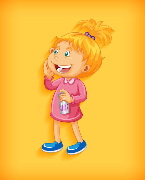 Cute little girl smiling in standing position cartoon character isolated on yellow background illustration - ベクター画像