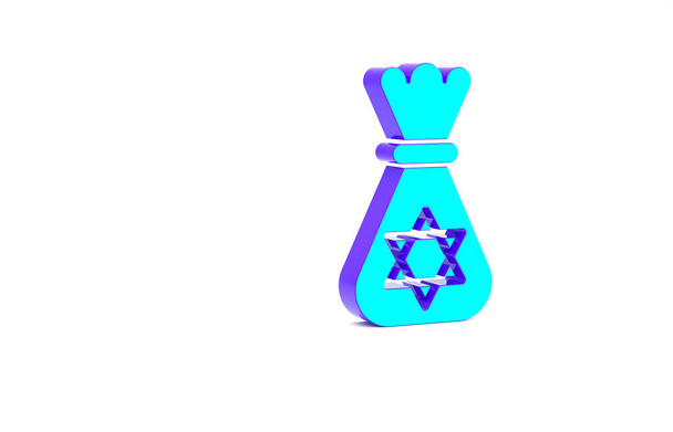 Tyrkysová židovská taška na peníze s ikonou Davida na bílém pozadí. Symbol měny. Minimalismus. 3D ilustrace 3D vykreslení. - Fotografie, Obrázek