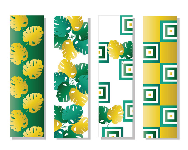 cuatro marcadores vector conjunto con hojas tropicales en colores verdes y amarillos - tema verde floral - Vector, Imagen